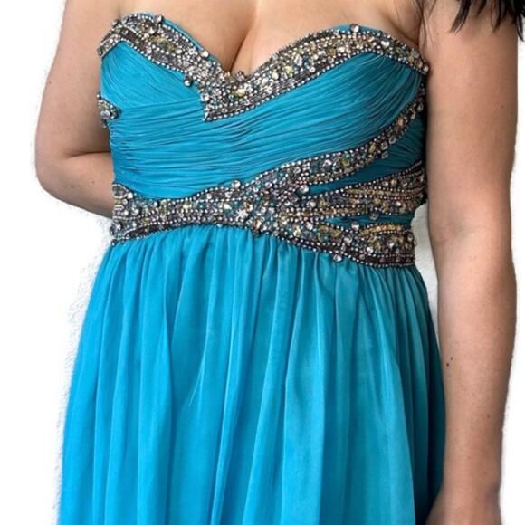 Sherri Hill Turquoise Blue Strapless Rhinestone Gown Plus Size 16 - Picture 2 of 8